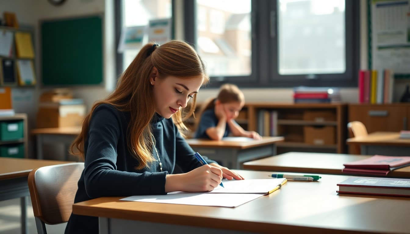New teacher writing personal introduction newsletter for class families at school desk