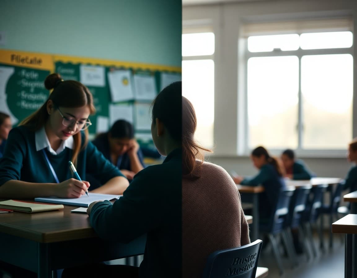 Split image of teacher writing goodbye newsletter at one school and introduction at new school
