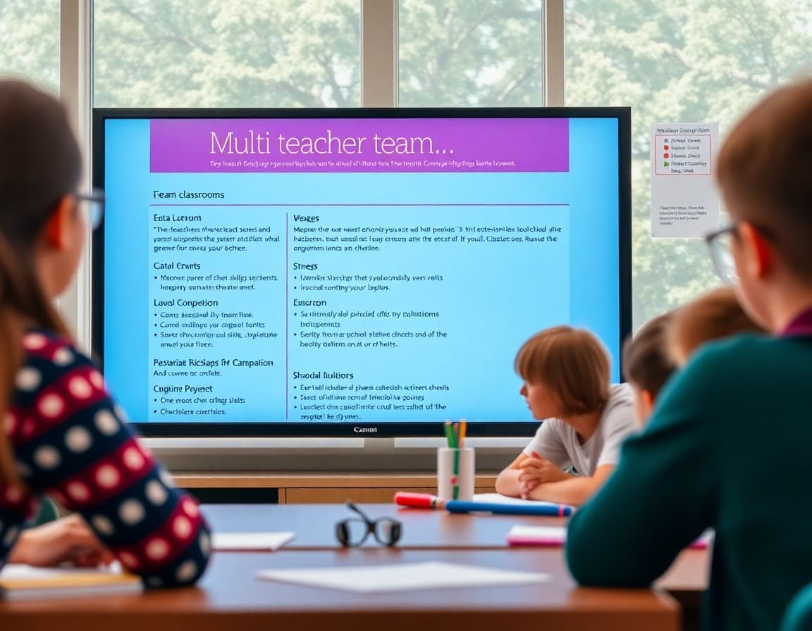Multi-teacher team newsletter displayed on screen with sections for each classroom and shared events