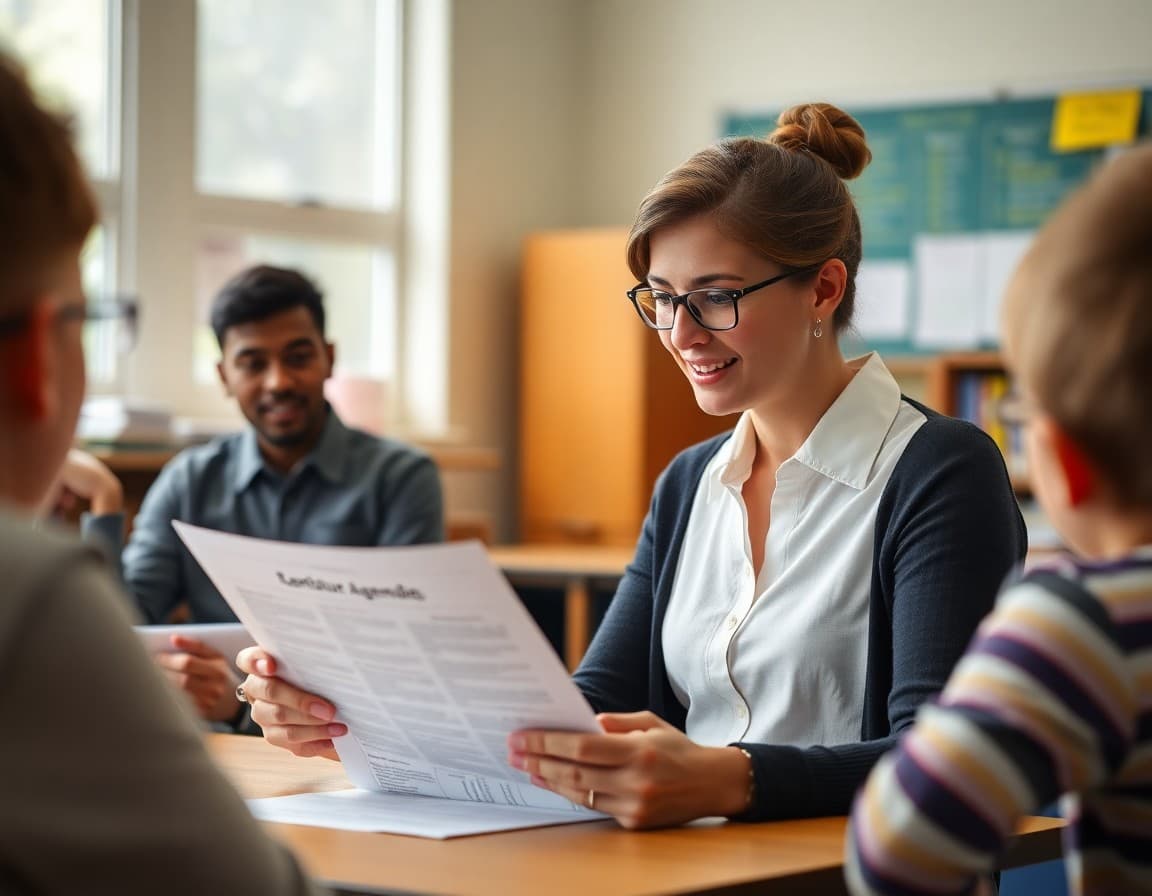 Teacher reviewing curriculum night agenda newsletter before sending to all families