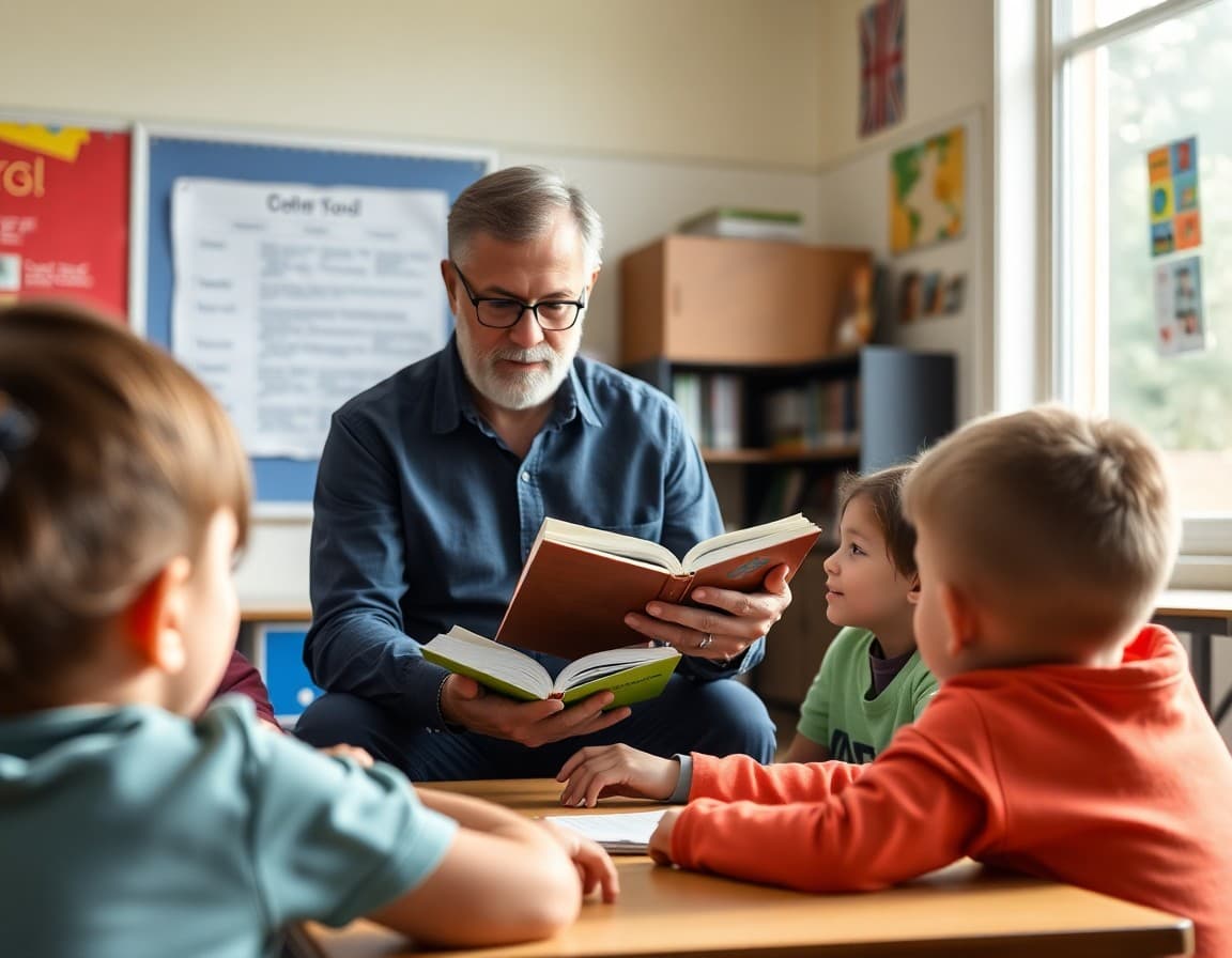 Dad volunteering in school classroom reading with elementary students alongside teacher