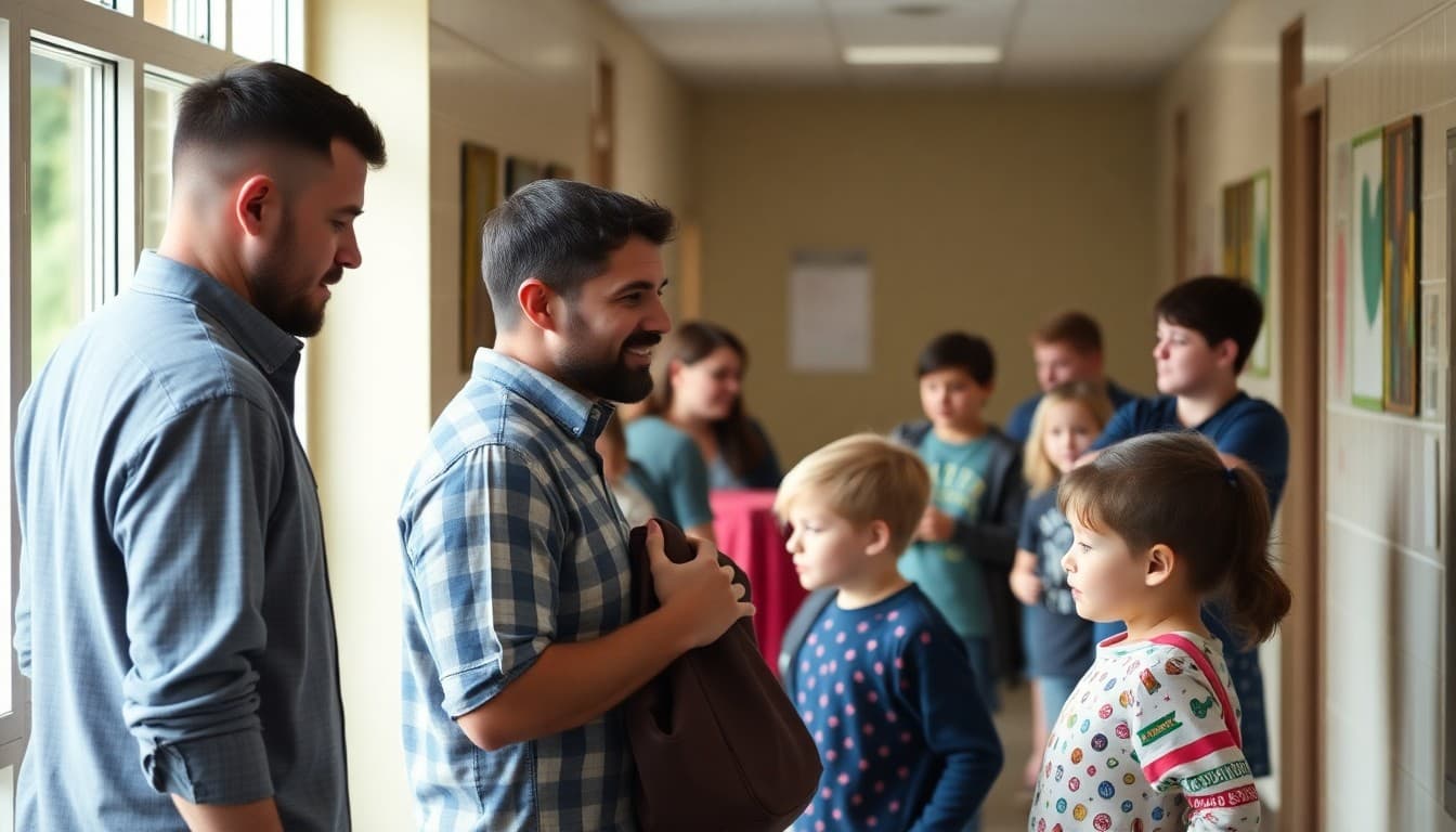 Fathers actively engaged with children at school event in elementary school hallway