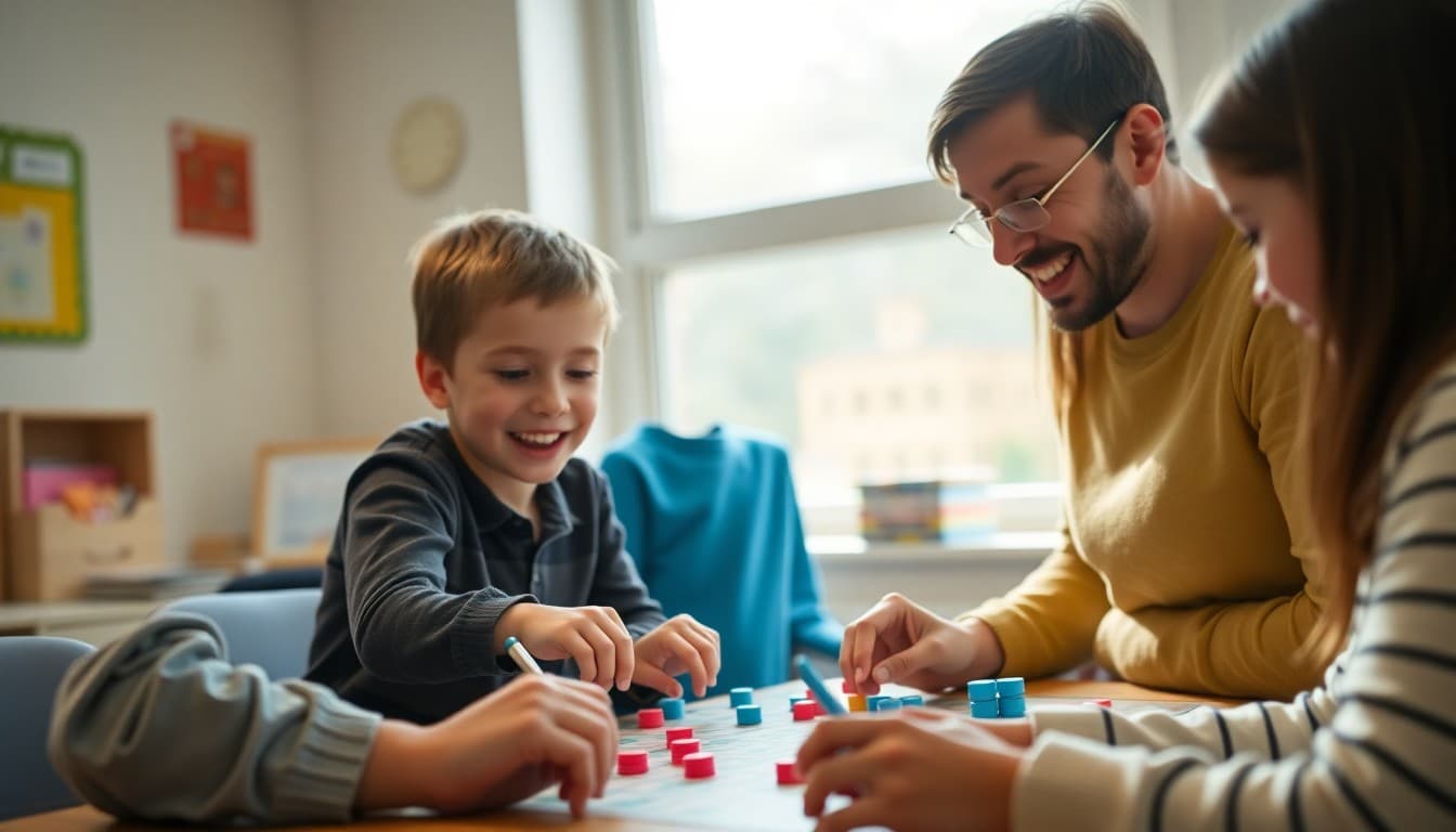 Family playing math board games at school math family night with excited children