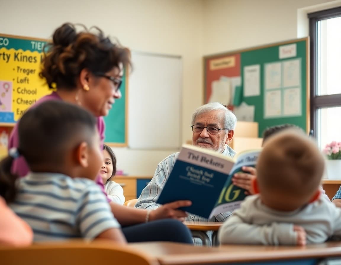 Grandparent sitting in elementary school classroom reading aloud to students with teacher