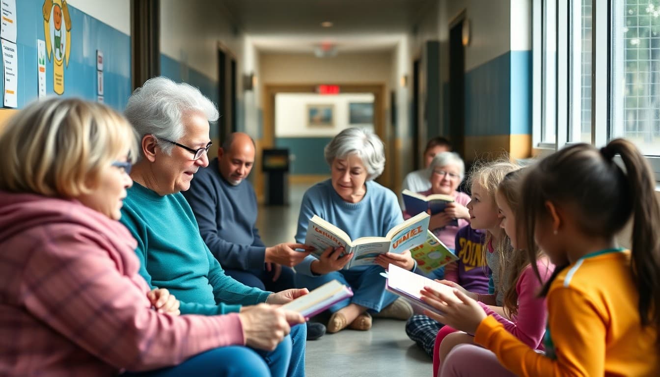 Grandparents volunteering at school event reading with elementary grandchildren in hallway