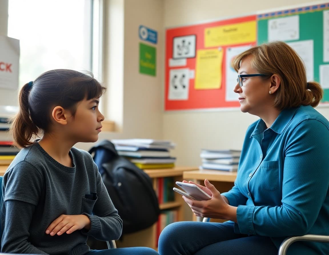 School counselor meeting with anxious student in office with parent support resources