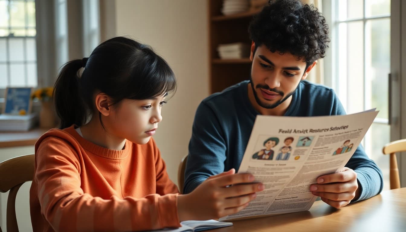 Parent reviewing teen anxiety resources from school newsletter with teenager at kitchen table