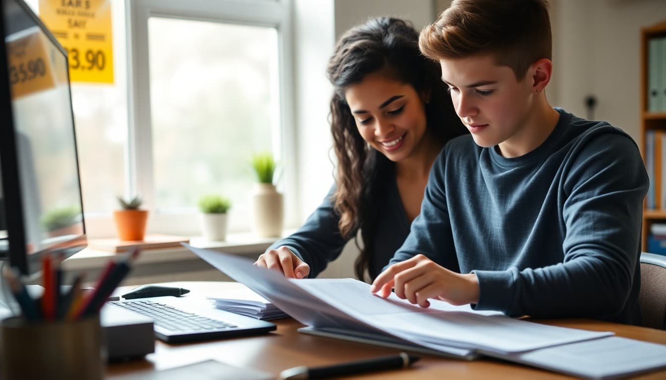 Parent reviewing college savings materials and 529 plan information at home desk