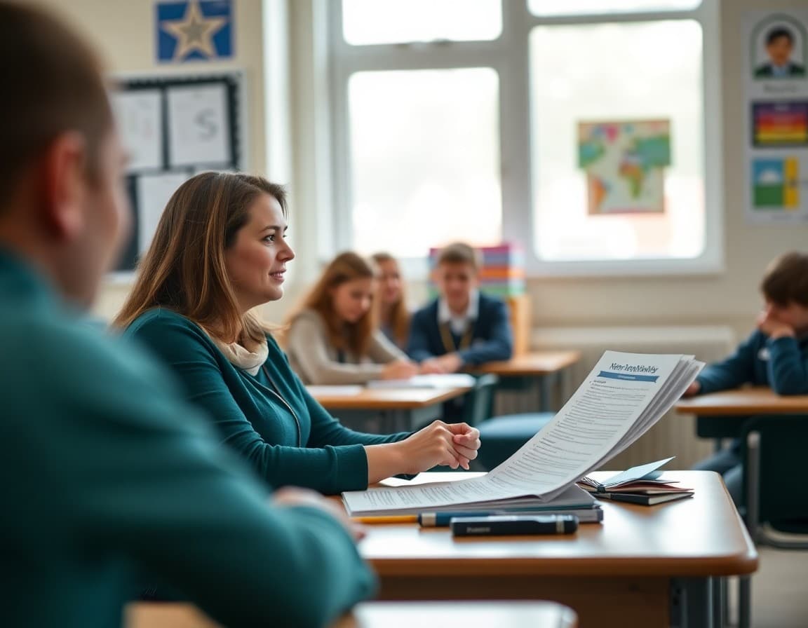 Teacher preparing parent-teacher conference invitation newsletter at school desk