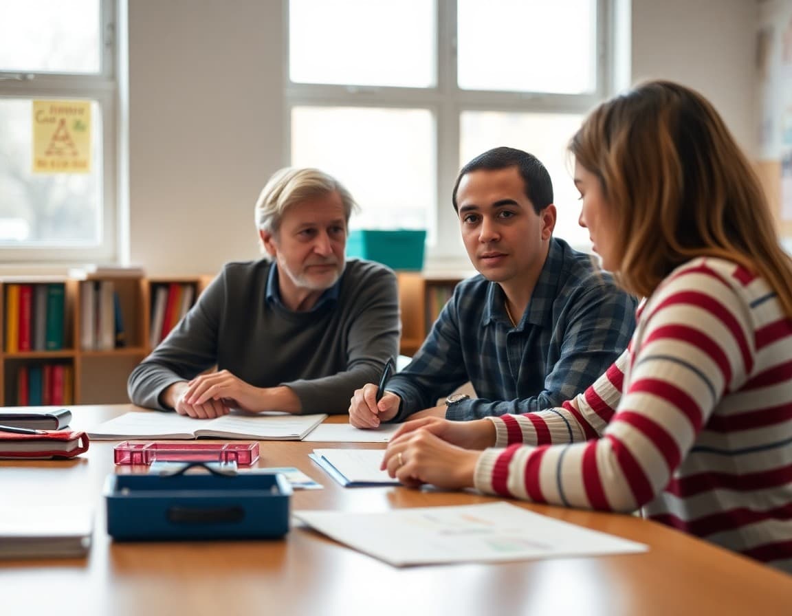 Parent and teacher sitting across conference table reviewing student work together