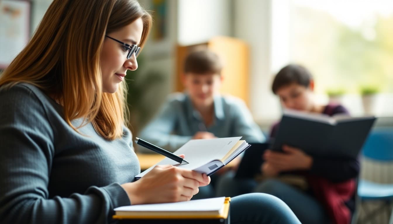 Parent preparing questions list for teacher conference with notebook and pen at home
