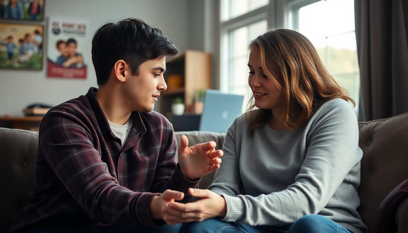 Parent comforting teenager after cyberbullying incident at home with open conversation