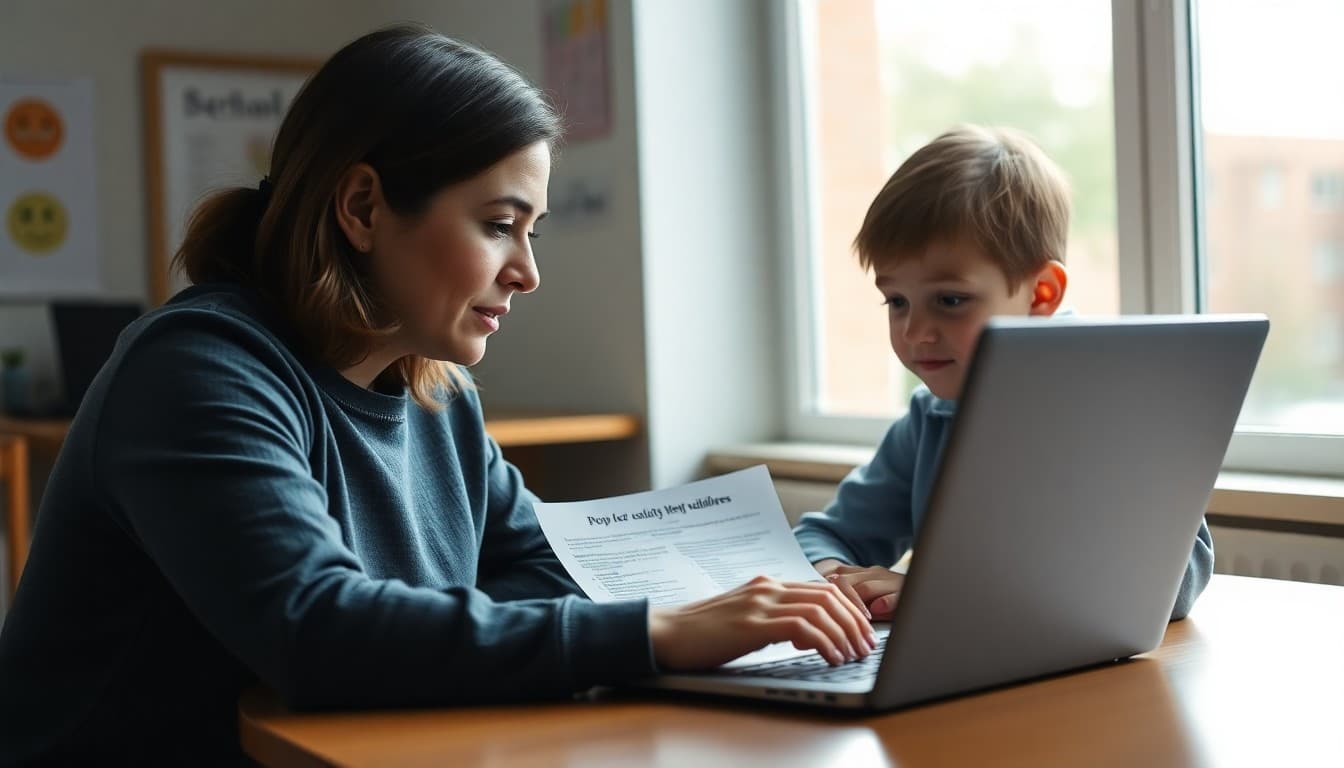 Parent reviewing child internet activity on laptop with school newsletter safety guidelines