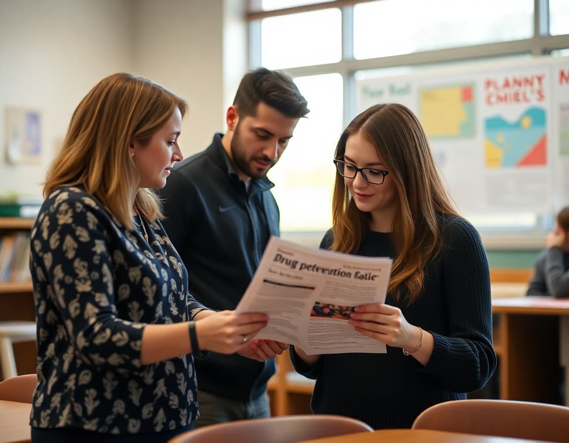 School counselor reviewing drug prevention parent newsletter resources before sending