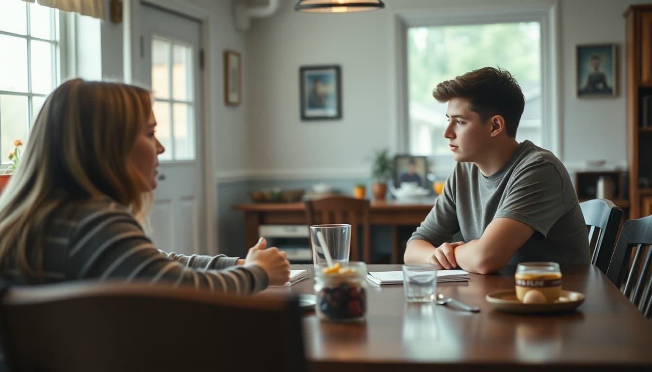 Parent having direct drug prevention conversation with teenager at home dining table