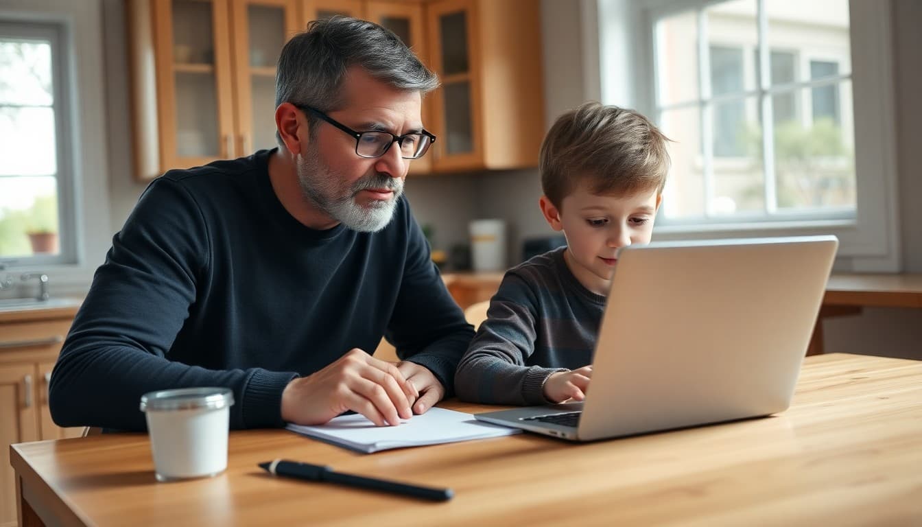 Parent reviewing student grades on laptop parent portal with child at kitchen table