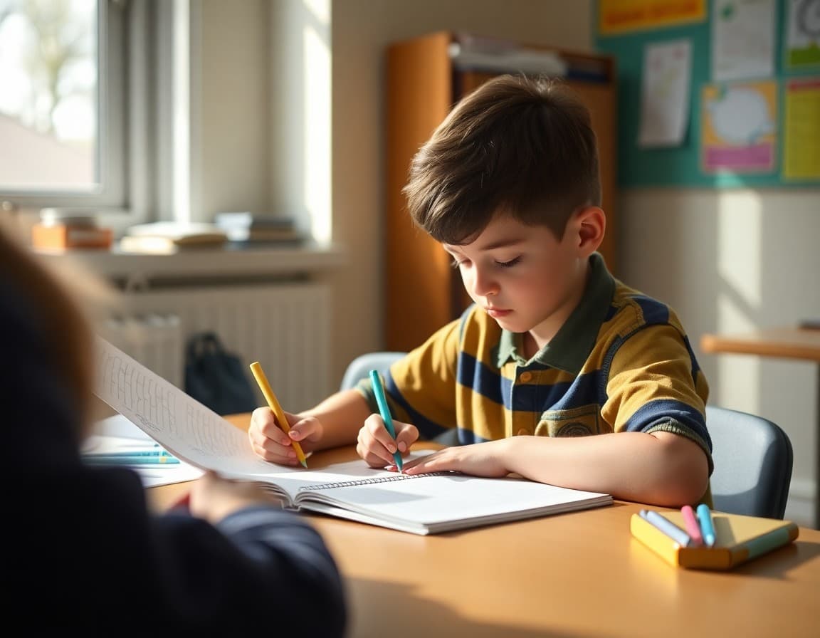 Student completing homework independently following family routine tips from school newsletter