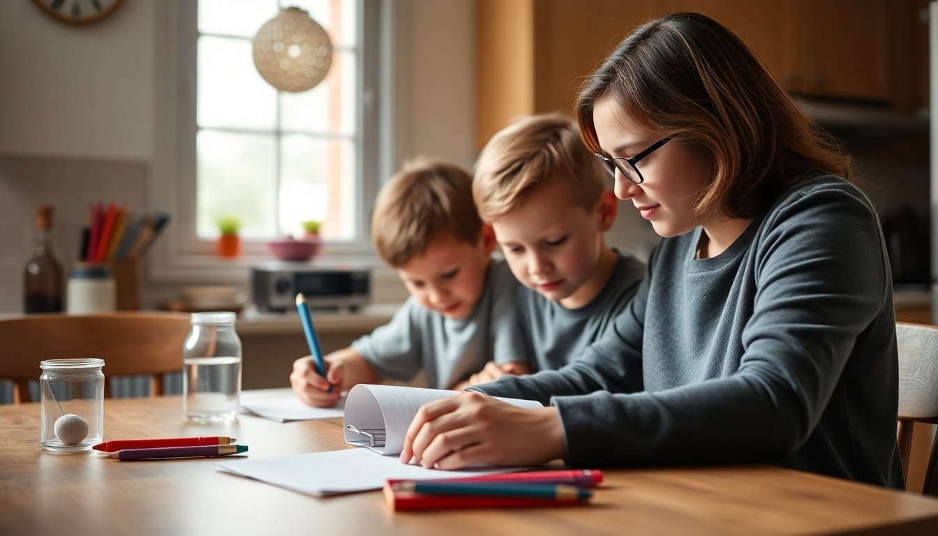 Parent helping elementary student with homework at kitchen table in home setting
