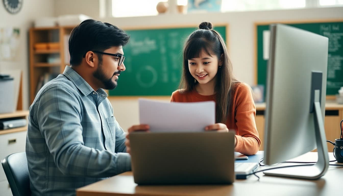 Parent and child reviewing internet safety rules together at home computer station