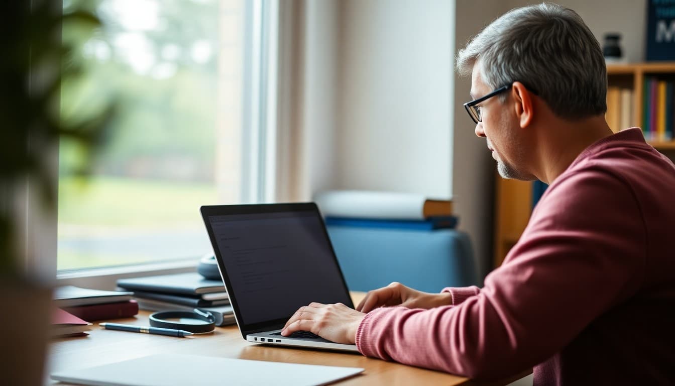 Parent logging into school parent portal on laptop computer at home to check student grades