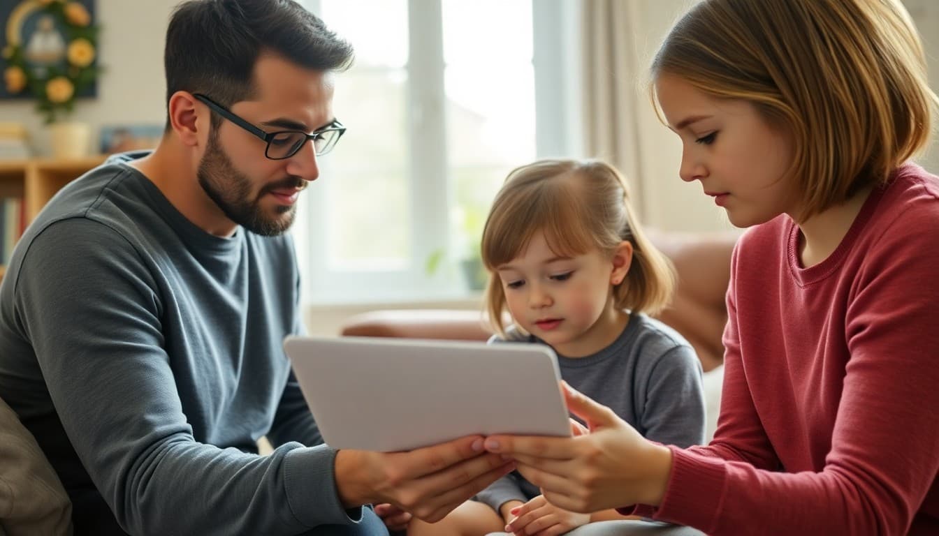 Parent reviewing family screen time agreement with child in home living room