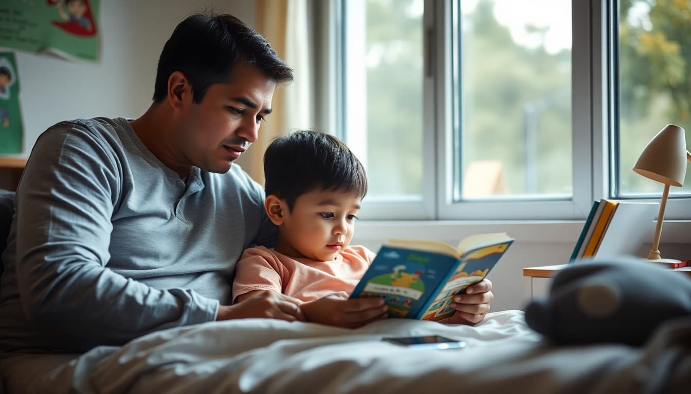 Parent establishing school night bedtime routine with child reading in bed before sleep