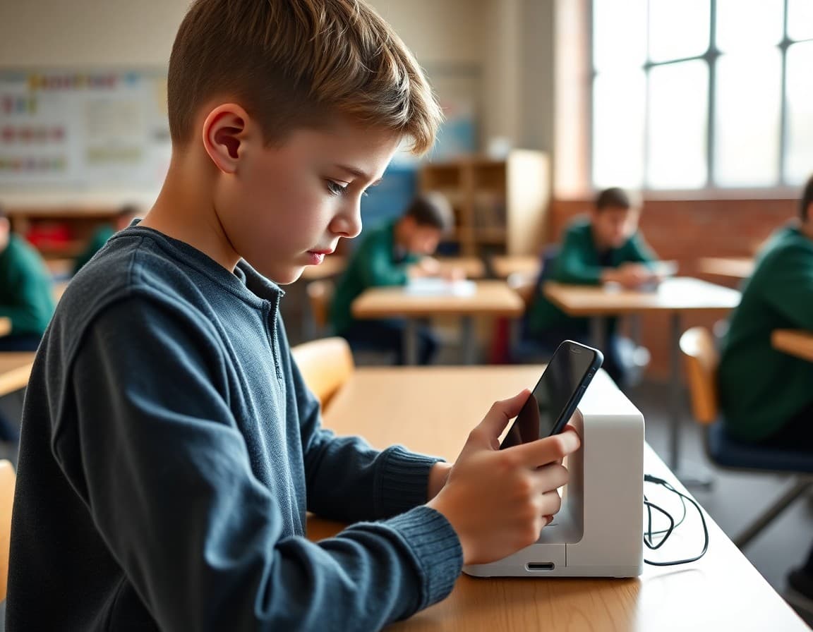Student placing phone in charging station following school and home smartphone agreement rules