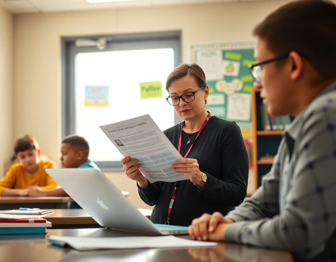 School counselor reviewing social media safety resource for parent newsletter preparation