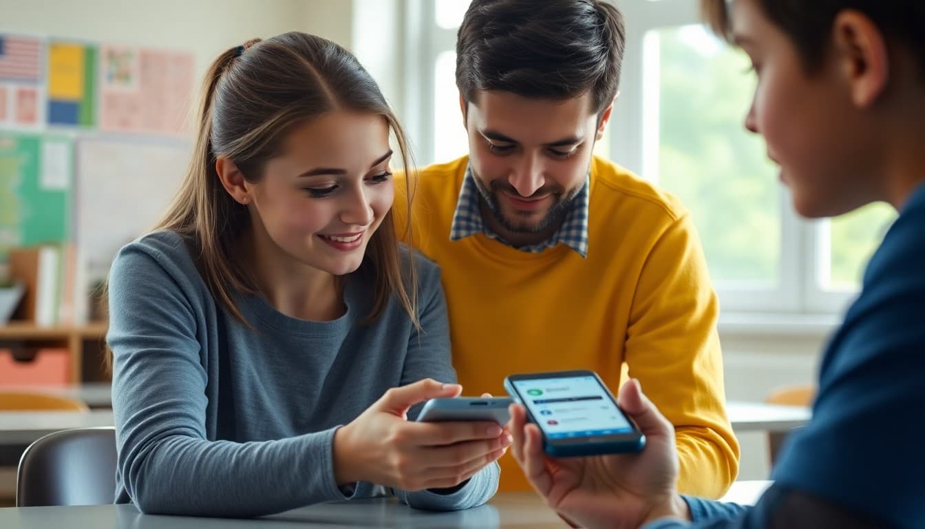 Parent reviewing child social media accounts and privacy settings together on phone