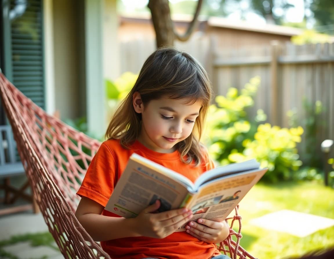Elementary student reading in backyard hammock during summer from school newsletter suggestion