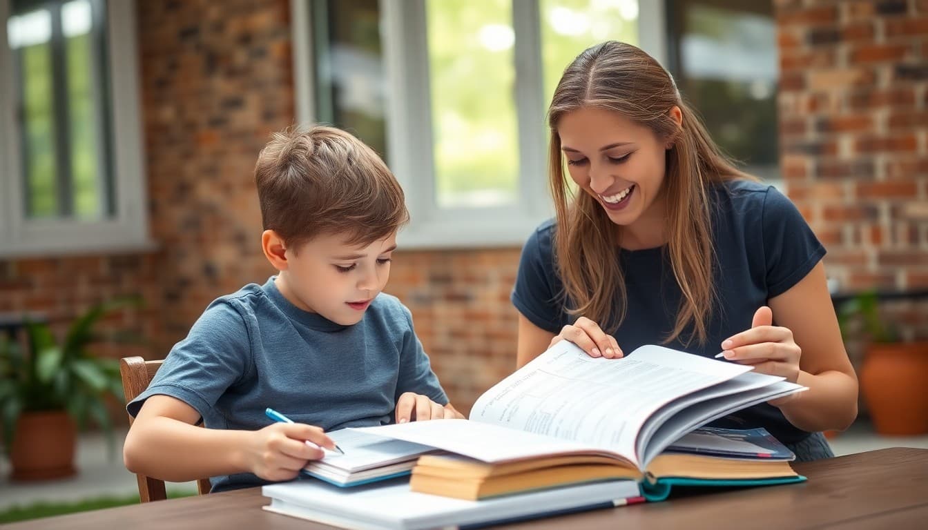 Parent and child doing summer learning activity outside with books and worksheets