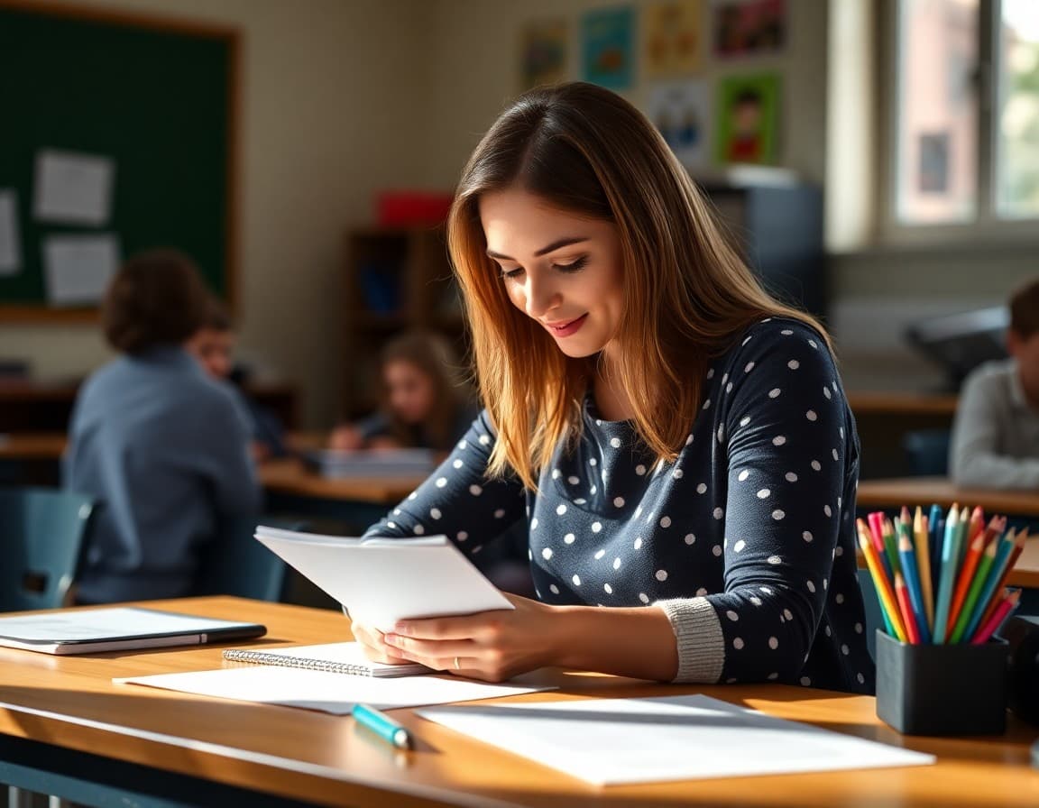 Teacher writing parent newsletter at desk to build trust with classroom families