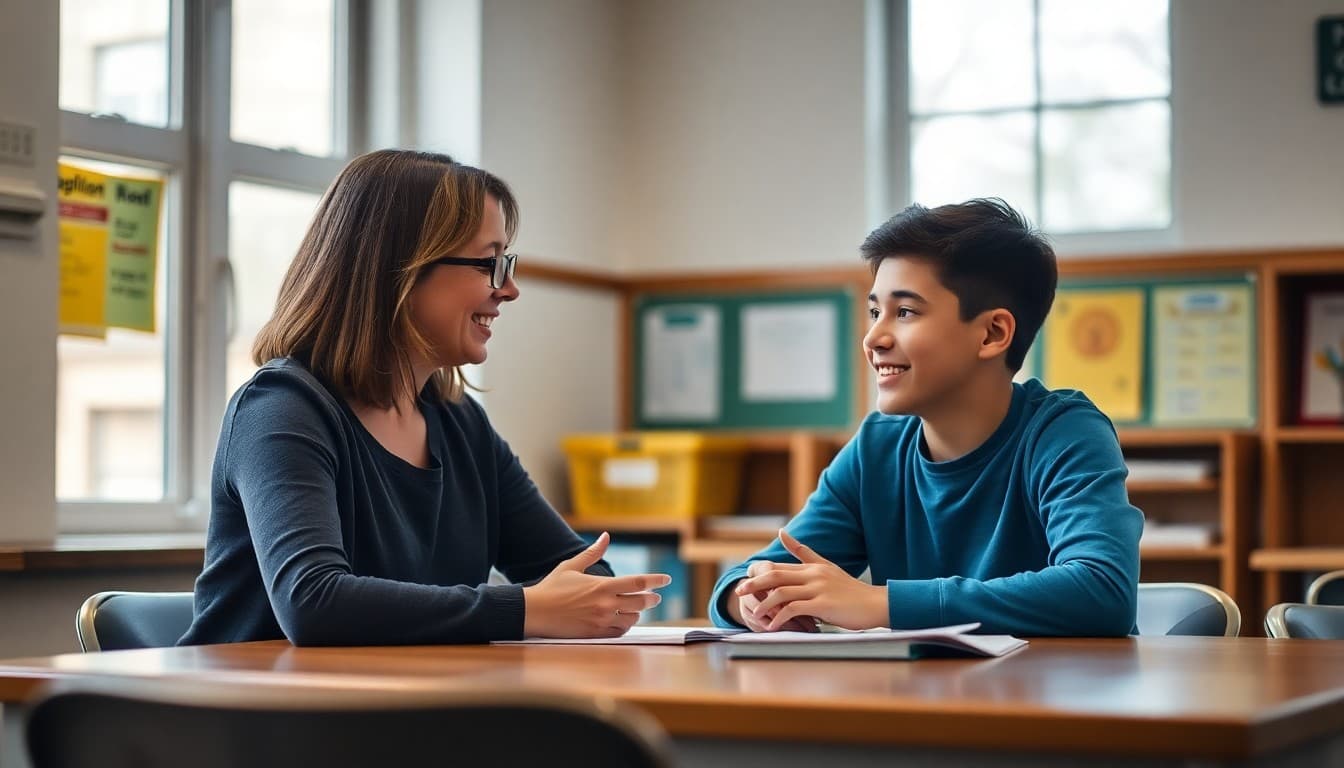 Teacher and parent having positive conversation at school conference table about student