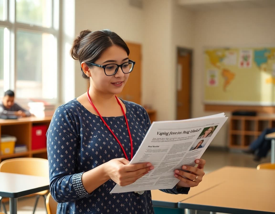 School health educator reviewing vaping prevention resources for parent newsletter