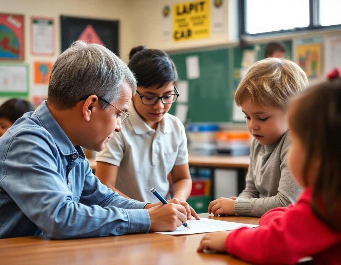 Grandparent volunteer helping students in a school classroom
