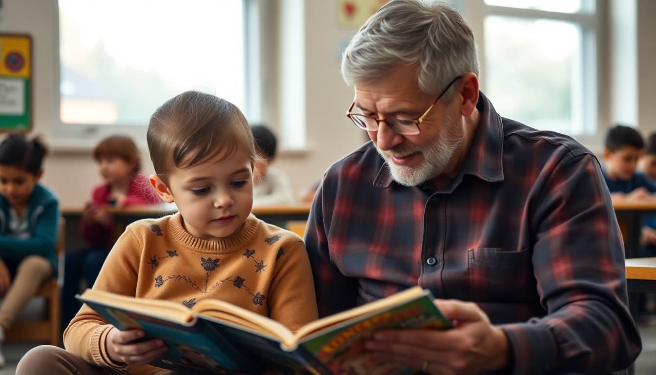 Grandparent reading with a grandchild on a school family reading night