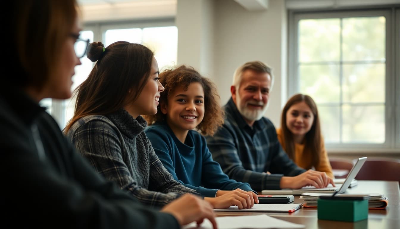 Blended family together at a school parent-teacher conference