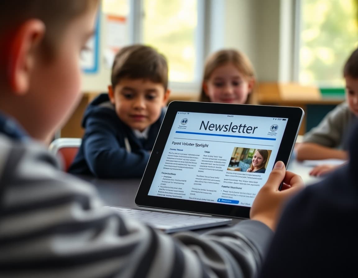School newsletter with a parent volunteer spotlight feature displayed on a tablet