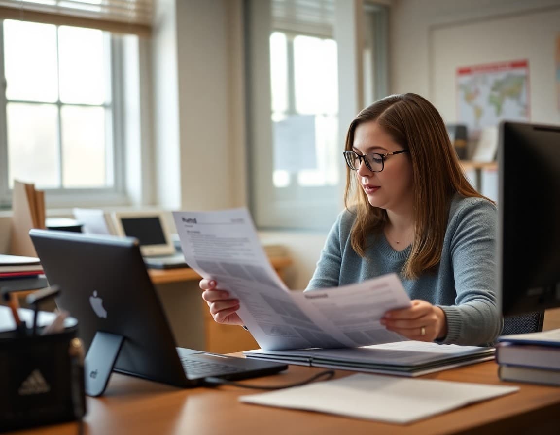 Newsletter editor reviewing parent-submitted content at a school office desk