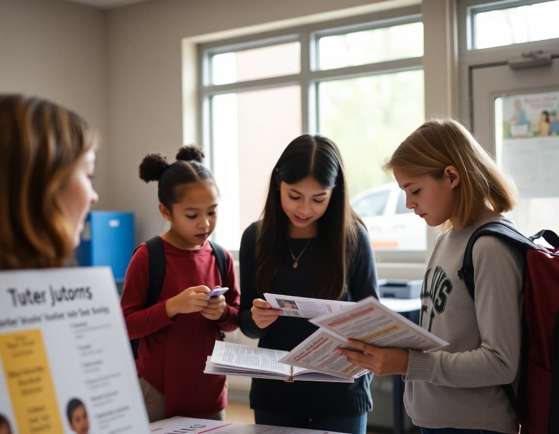 Family reviewing tutoring program information at a school resource table