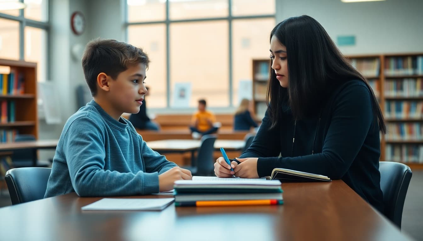 Student receiving one-on-one tutoring support from a tutor at a library table