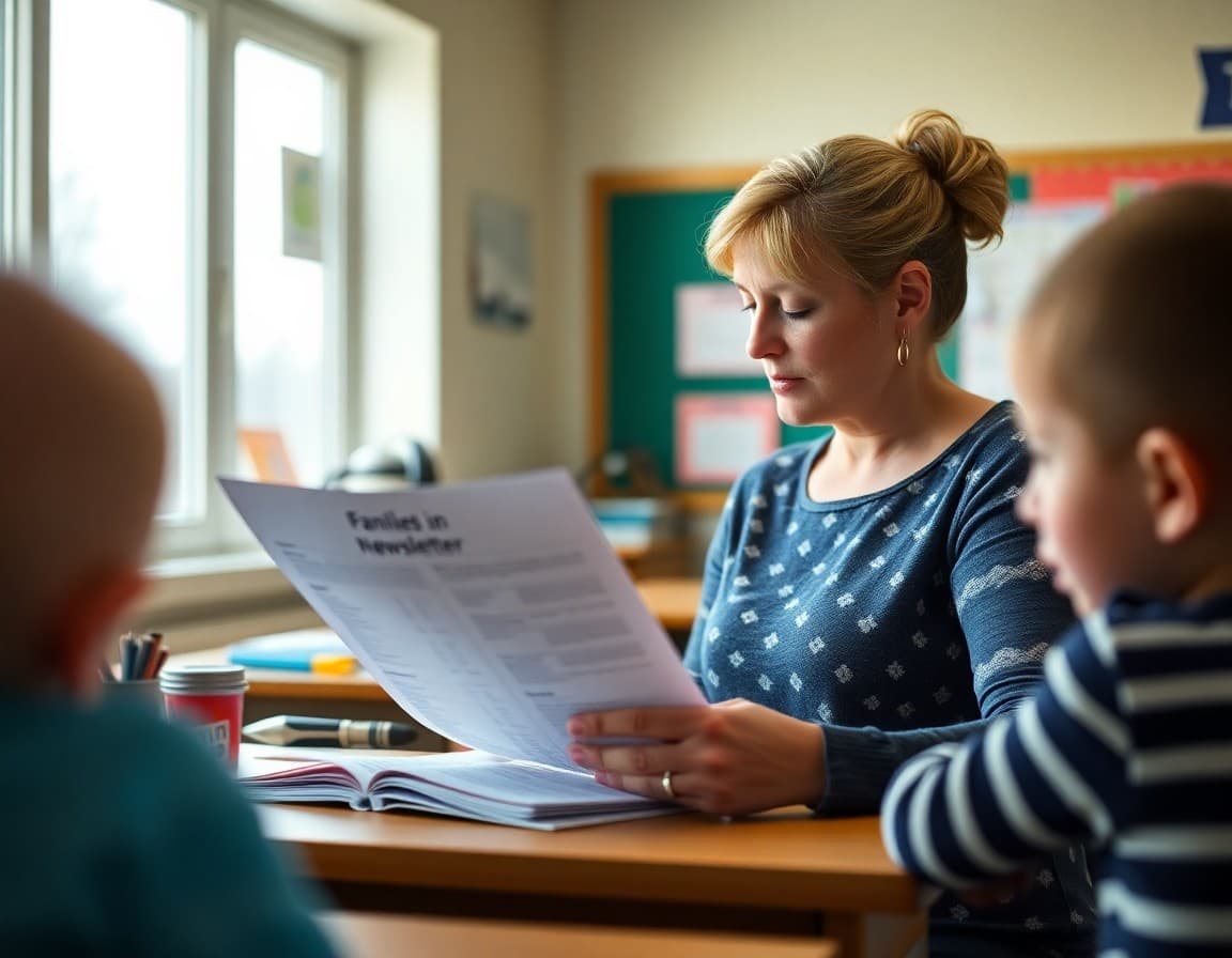 Teacher in an Alaska Pre-K program reviewing a family newsletter at her desk