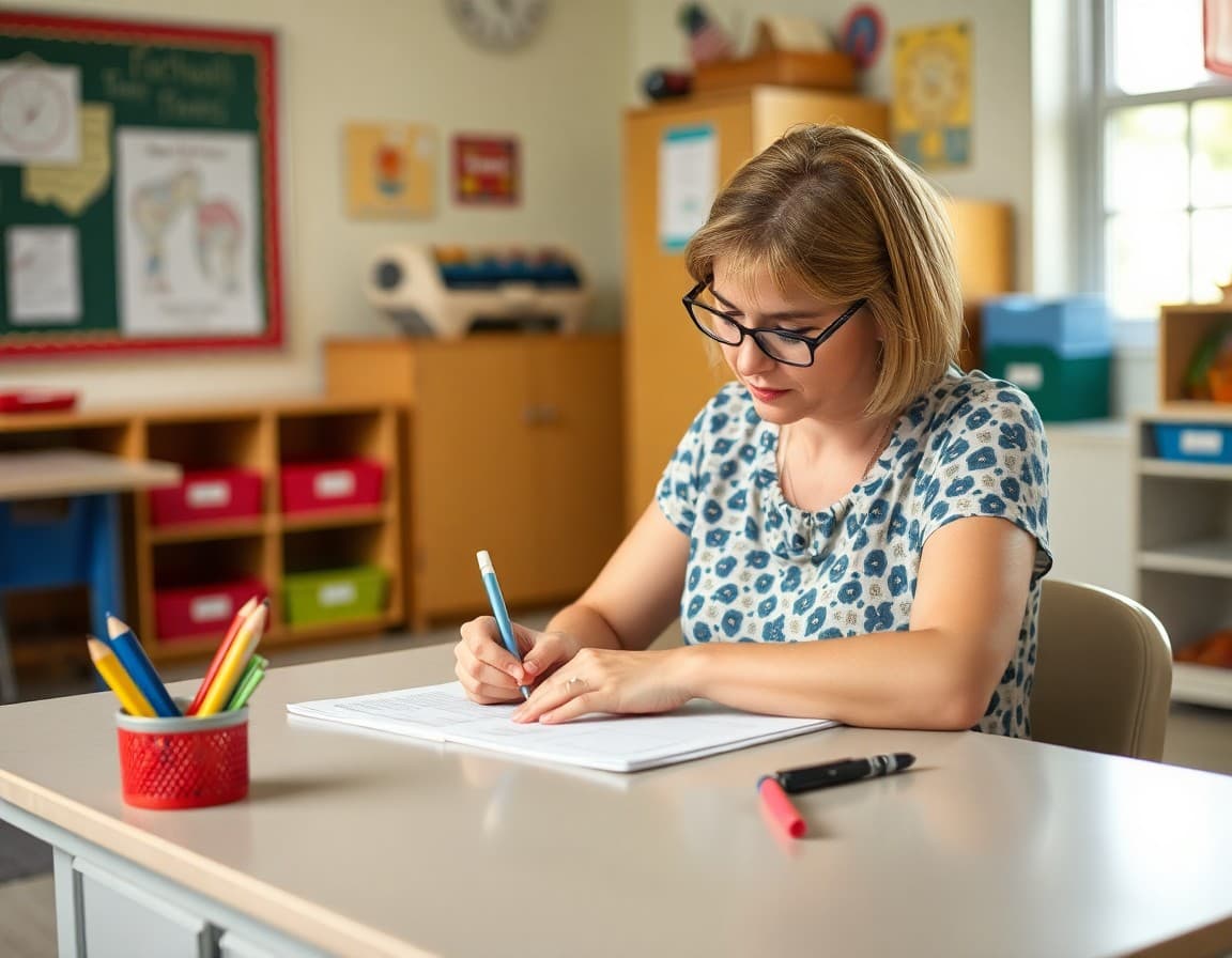 Arkansas preschool teacher writing a family newsletter at a small classroom desk