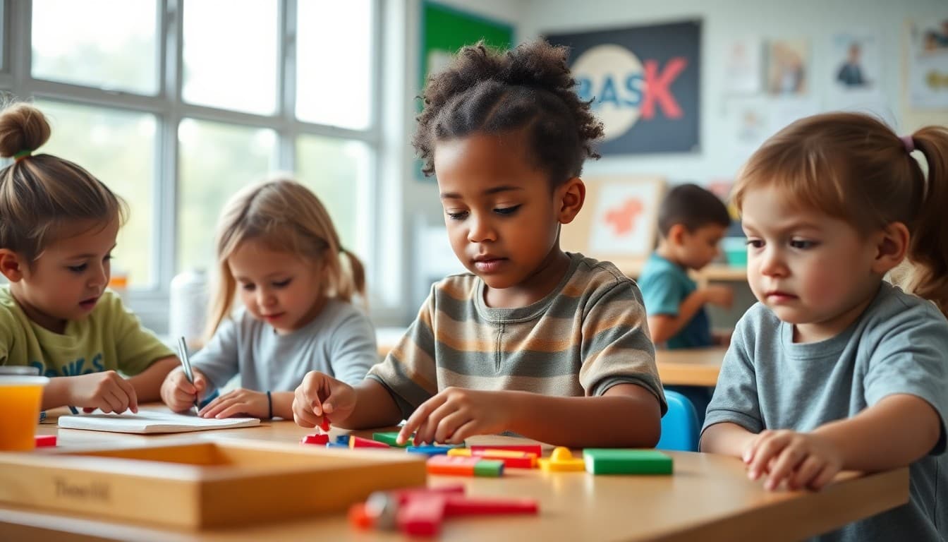 California Pre-K children working at learning stations in a bright, modern classroom