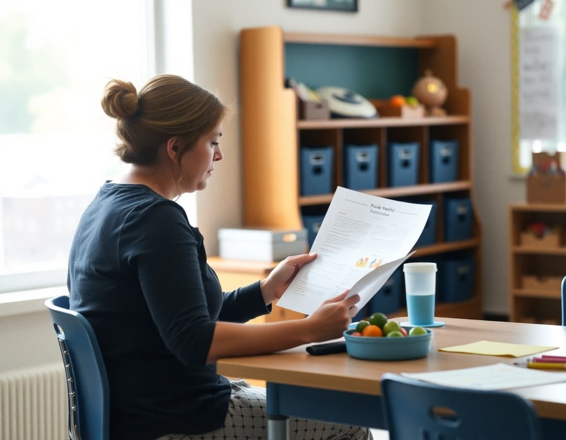 Delaware preschool teacher sitting at her desk preparing a newsletter for families
