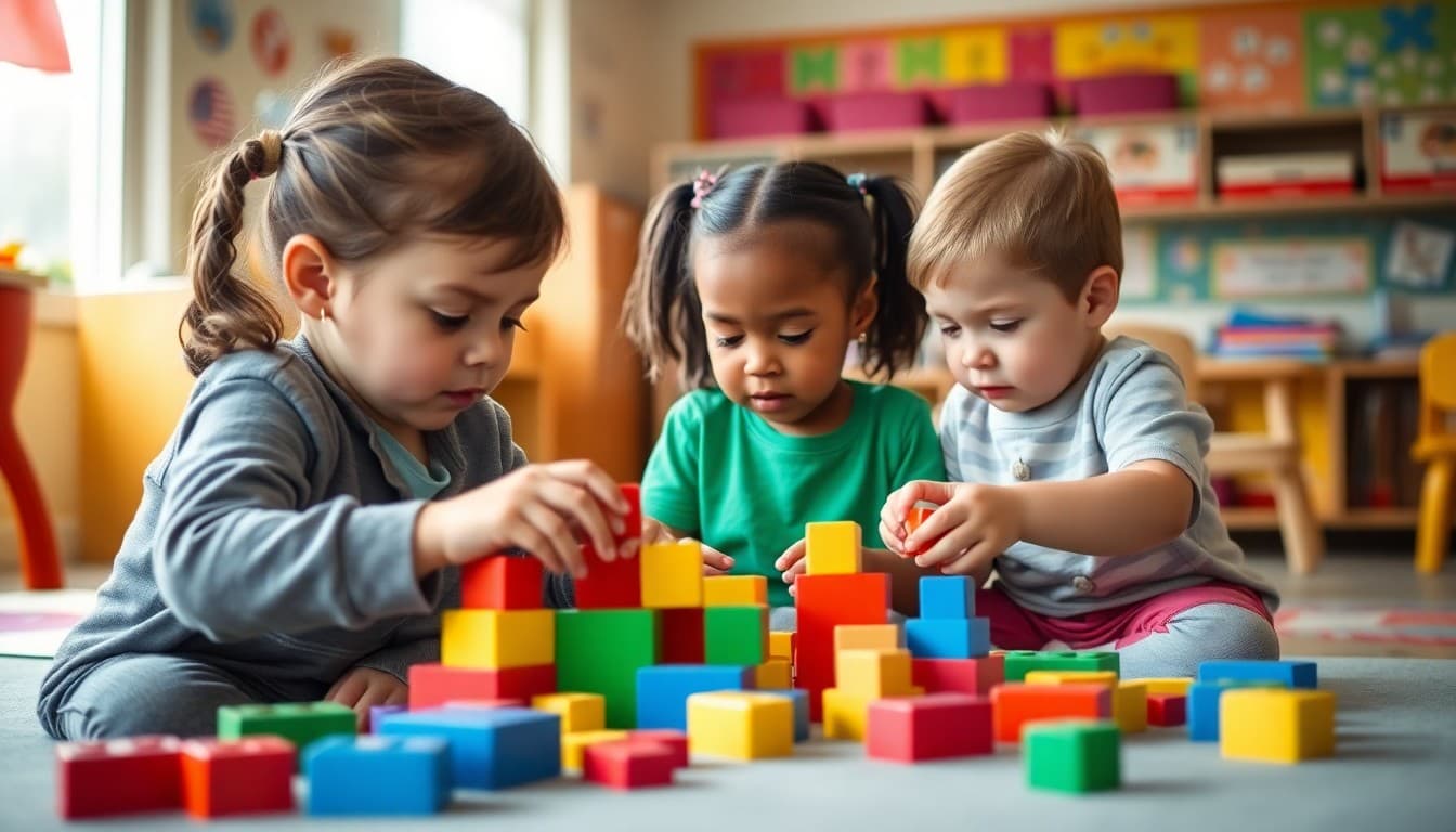 Delaware Pre-K children building with blocks in a colorful preschool classroom
