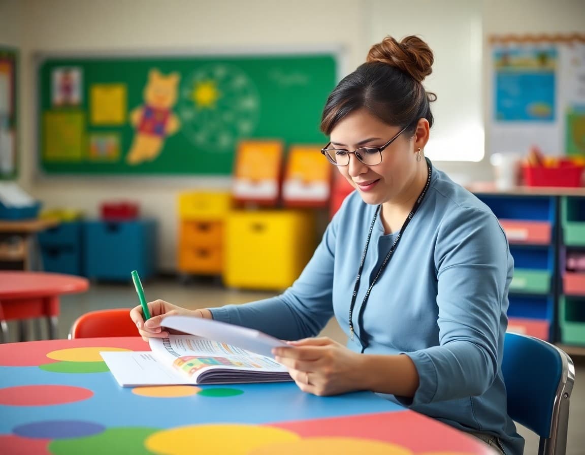 Florida Pre-K teacher preparing a bilingual newsletter at a colorful classroom desk