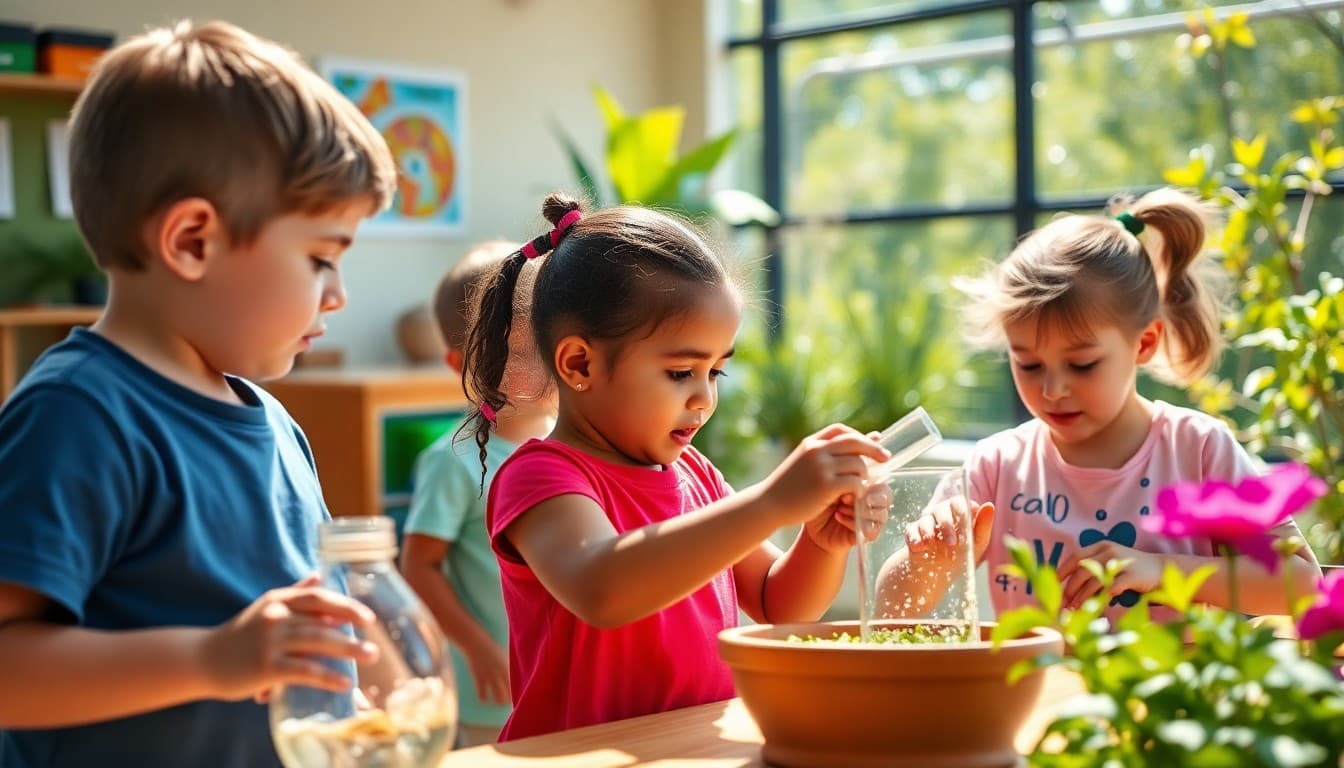 Florida VPK classroom with children doing an outdoor science exploration in a sunny school garden