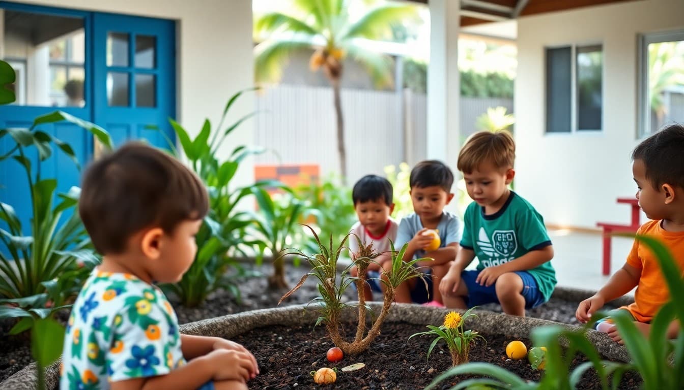 Hawaii Pre-K children exploring a sensory garden outside their classroom in a tropical setting