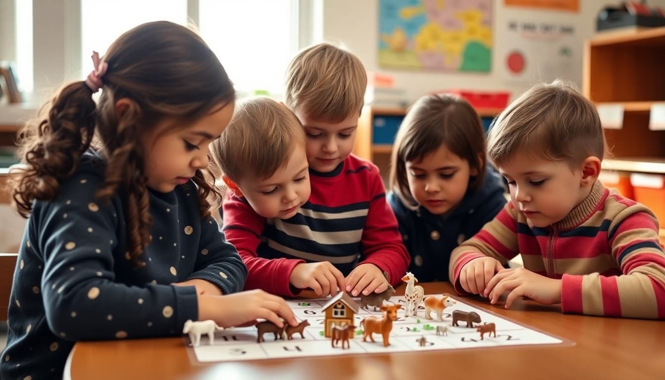Iowa Pre-K children working on a counting activity with farm animal figures in a classroom